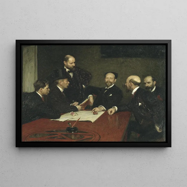 Yhteisön taiteilijoiden neuvosto Christian Eriksson Eugène Jansson Karl Nordström puheenjohtaja Robert Thegerström seisoo Nils Kreuger - Richard Bergh — kehystetty taideteos seinällä