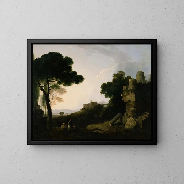 Maisema capriccio Horatsien ja Curiatsien haudasta sekä Meceneen huvila Tivolissa - Richard Wilson — kehystetty taideteos seinällä