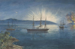 Robert Charles Dudley - The Bay of Bull Arms Trinity Bay Newfoundland Bonfires Lighted on the Hills to Notify of the Arrival of the Cable Fleet on August 5th 1858.webp