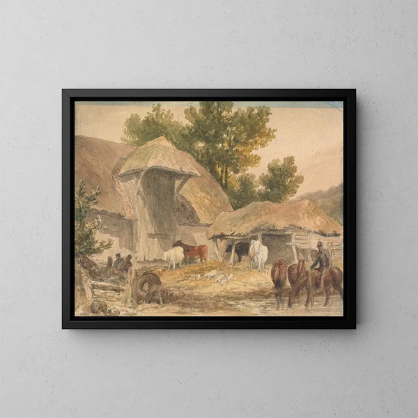 Ferme avec des chevaux en attente - Robert Hills — kehystetty taideteos seinällä