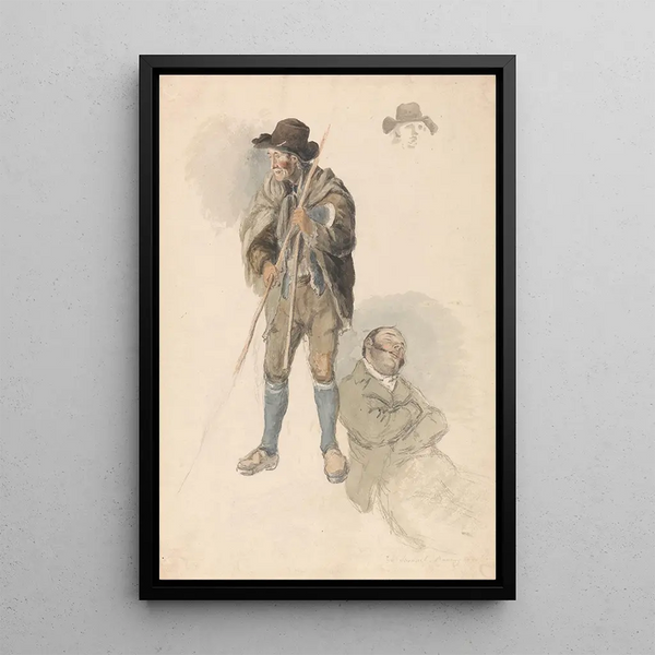 Études de figures: un ouvrier agricole, M. Samuel le maître de dessin allongé et somnolent, et une esquisse légère d'un homme avec un chapeau - Robert Hills — kehystetty taideteos seinällä