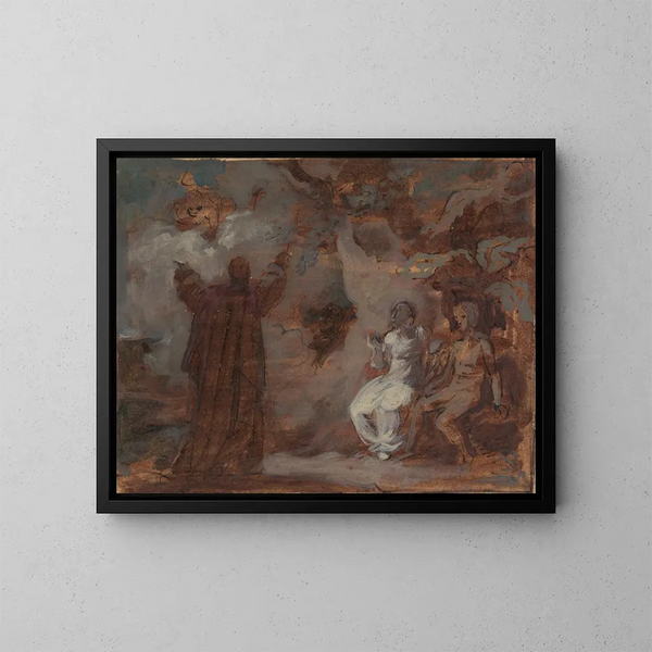Prospero-maalaus, jossa hän kutsuu maskia Ferdinandille ja Mirandalle - Robert Smirke — kehystetty taideteos seinällä
