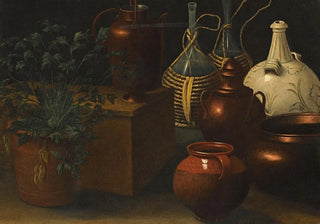 Rodolfo Lodi - A Still Life With Two Wicker Covered Glass Bottles A Jug A Selection Of Other Pots And An Herbaceous Plant.webp