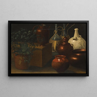 Rodolfo Lodi - A Still Life With Two Wicker Covered Glass Bottles A Jug A Selection Of Other Pots And An Herbaceous Plant.webp