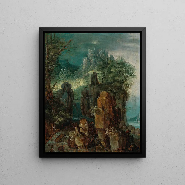 Un paysage fluvial montagneux avec des personnages et des chèvres, un village au-delà - Roelant Savery — kehystetty taideteos seinällä