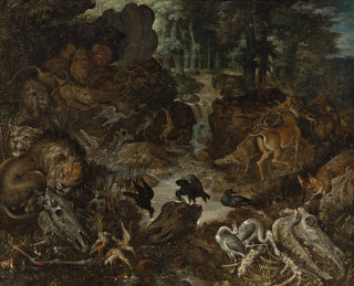 Roelant Savery - Lions and Fox in a Rugged Landscape.webp