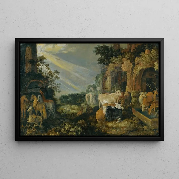 Paradiseen maisemamaalaus hevosilla, lehmäkarkein, vuohin ja paimenilla - Roelant Savery — kehystetty taideteos seinällä