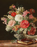 Un bouquet de fleurs avec des camélias dans un vase en argent - Rosalia Amon — näkymä teoksesta