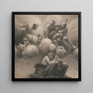 Anonymous - Saint kneeling before book resting on eagle looking up at heaven where three male saints and five putti rest on clouds.webp
