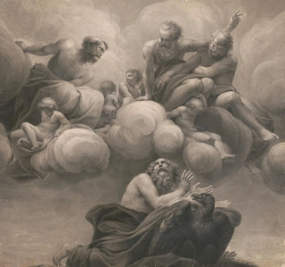 Anonymous - Saint kneeling before book resting on eagle looking up at heaven where three male saints and five putti rest on clouds.webp