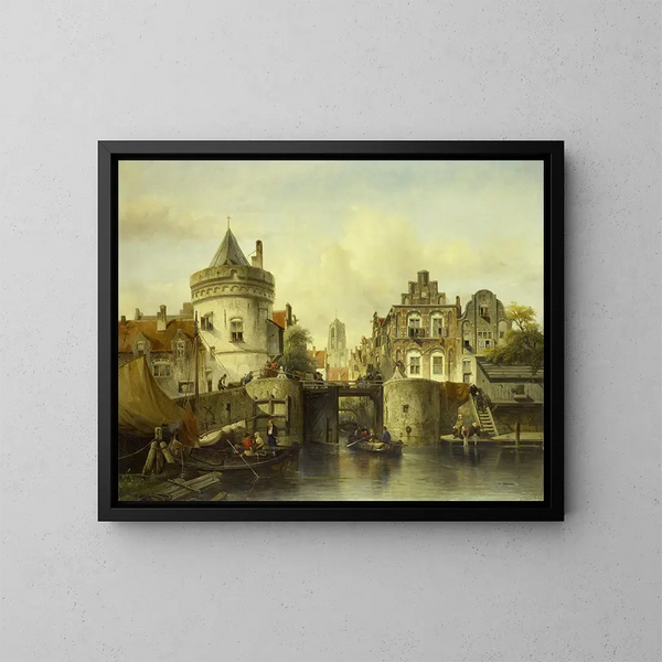Vue imaginaire basée sur le Kolksluis d'Amsterdam - Salomon Leonardus Verveer — kehystetty taideteos seinällä