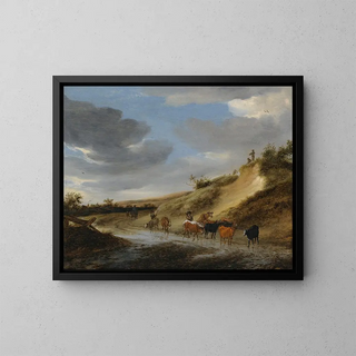 Salomon van Ruysdael - An Extensive Landscape With Cattle And Their Herdsmen Following A Partly Flooded Country Road.webp