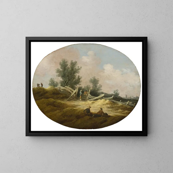 Maisema aidanseipän ja figuureilla - Salomon van Ruysdael — kehystetty taideteos seinällä