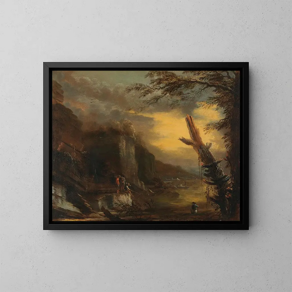 Figures pêchant dans un paysage côtier rocheux - Salvator Rosa — kehystetty taideteos seinällä