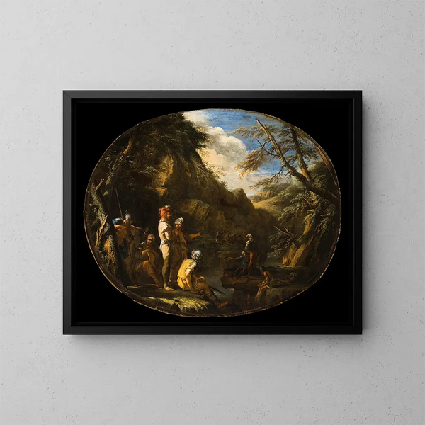 maisemasta aseistautuneiden miesten kanssa - Salvator Rosa — kehystetty taideteos seinällä