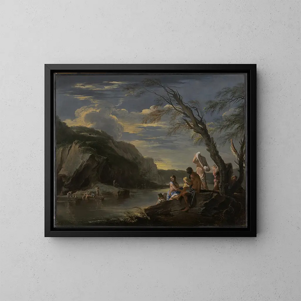 maisemasta uimareiden kanssa - Salvator Rosa — kehystetty taideteos seinällä