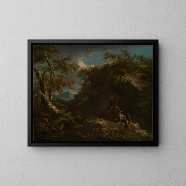 Maisemakuva metsäisestä vuoristosta, jossa sotilaat lepäävät - Salvator Rosa — kehystetty taideteos seinällä