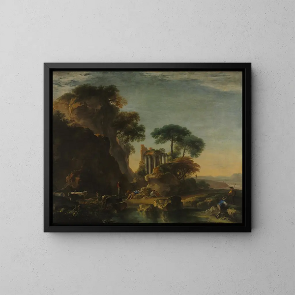 Ruins dans un paysage rocheux - Salvator Rosa — kehystetty taideteos seinällä