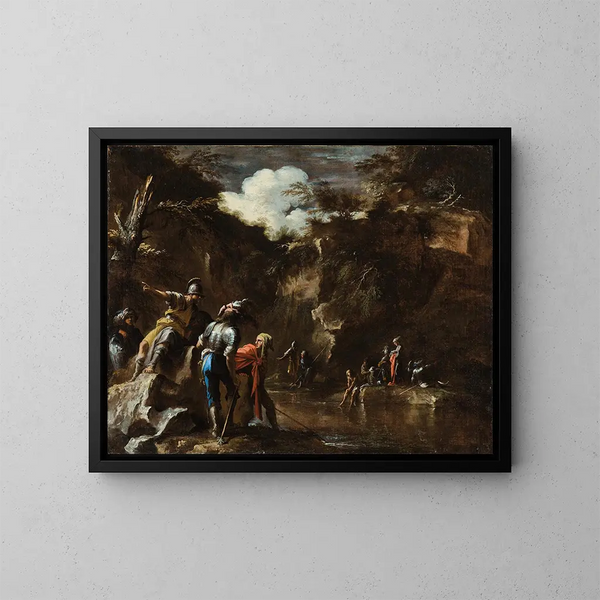 Kreikkalaisen historian kohtauksesta: Thales ohjaa joen virtaamaan molemmin puolin Lydian armeijaa - Salvator Rosa — kehystetty taideteos seinällä