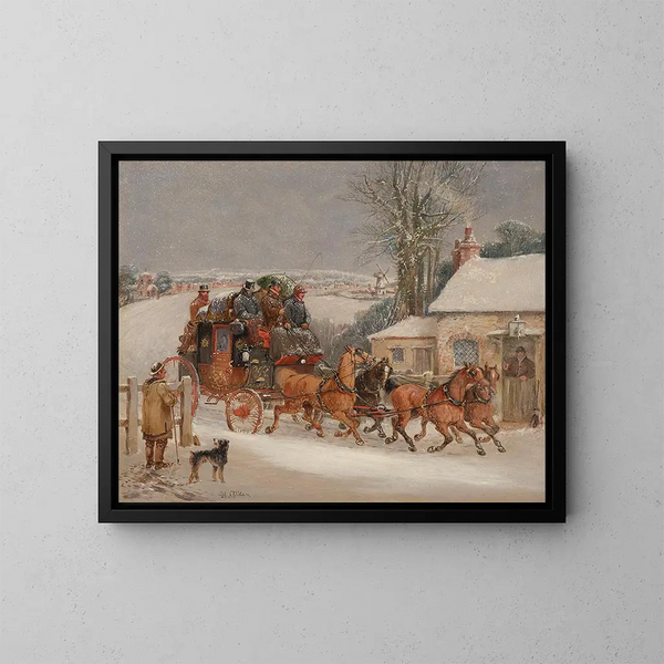 Le carrosse de la Royal Mail de Londres dans la neige - Samuel Henry Alken — kehystetty taideteos seinällä