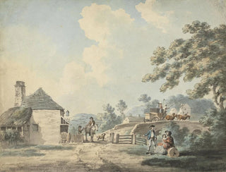 La maison de péage avec une diligence traversant le pont - Samuel Howitt — näkymä teoksesta