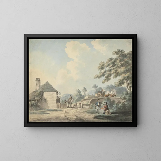 La maison de péage avec une diligence traversant le pont - Samuel Howitt — kehystetty taideteos seinällä