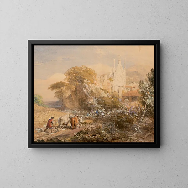 Champ de récolte et monastère de La Vocatella près de Corpo di Cava - Samuel Palmer — kehystetty taideteos seinällä
