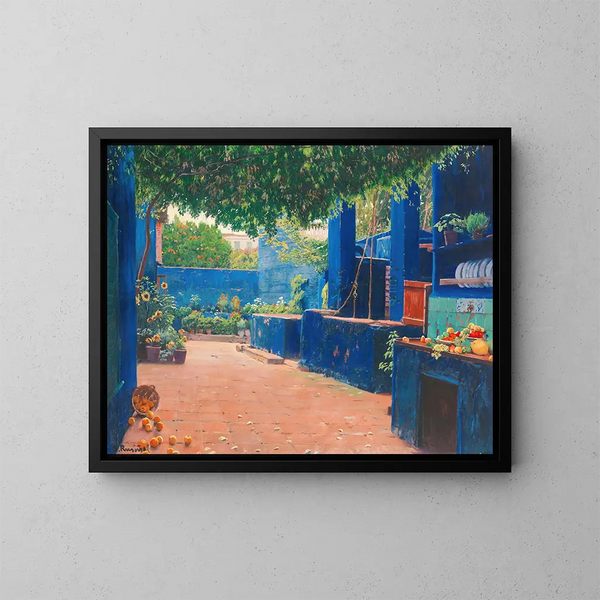 La cour bleue d'Arenys - Santiago Rusiñol — kehystetty taideteos seinällä
