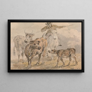 Sawrey Gilpin - Man on a horse hearding two cows and a calf.webp