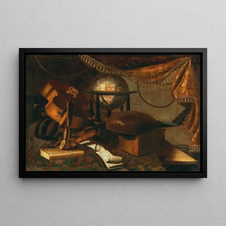 School of Bergamo - Musical instruments a globe book and music sheets on a table.webp
