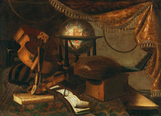 School of Bergamo - Musical instruments a globe book and music sheets on a table.webp