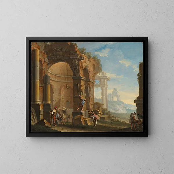 Un caprice avec des figures conversant parmi des ruines classiques - Sebastiano Ricci — kehystetty taideteos seinällä