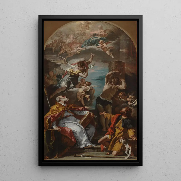 Gloire de la Vierge avec l'archange Gabriel et les saints Eusèbe, Roch et Sébastien - Sebastiano Ricci — kehystetty taideteos seinällä