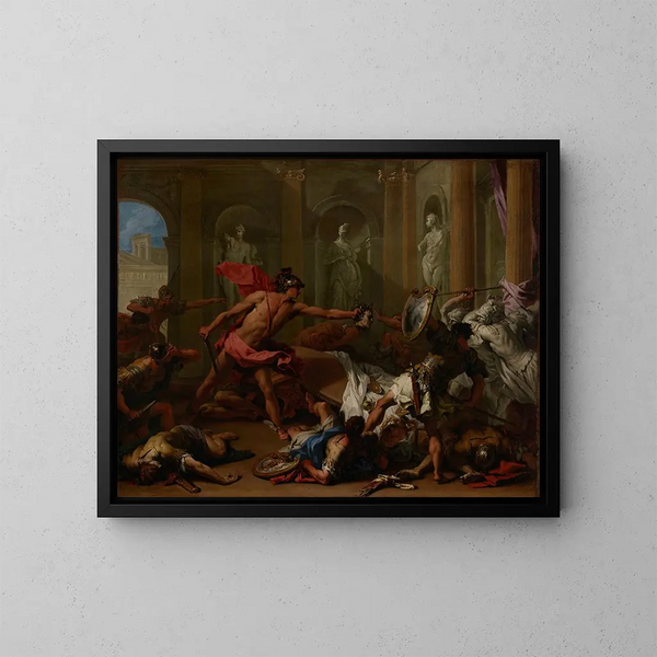 Perseus kohtaamassa Phineuksen ja Medusan pään - Sebastiano Ricci — kehystetty taideteos seinällä