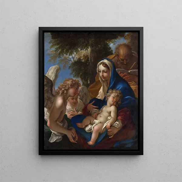 Pyhä perhe enkelien kanssa - Sebastiano Ricci — kehystetty taideteos seinällä