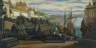 Sergey Yurievich Sudeikin - The Pier At Novgorod Backdrop Design For Sadko.webp