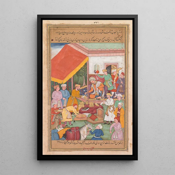 Timur distribue des cadeaux de son petit-fils le Prince de Multan d'un Zafarnama Livre des Victoires - Shravana — kehystetty taideteos seinällä