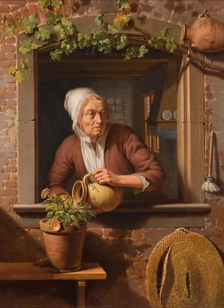 Simon Besanger - A Peasant Lady Watering A Flower Pot On A Wooden Table With A View Of The Interior Of Her Home In The Background.webp