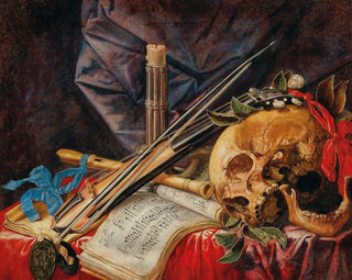 Simon Renard de SaintAndr - A Vanitas still life with a viol a clarinet a skull a sheet of music and a candle.webp