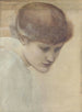 Dorothy Dene'n pään muotokuvan tutkimus, katse alaspäin, Kultasten portaiden varten - Sir Edward Coley Burne-Jones — näkymä teoksesta