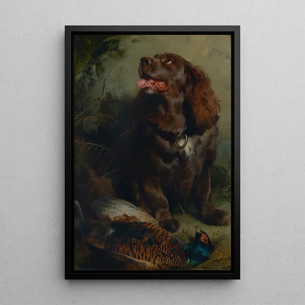 Sussexin spanieli ja fasaani - Sir Edwin Henry Landseer — kehystetty taideteos seinällä