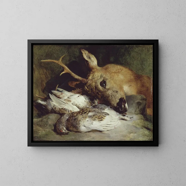 Tête de chevreuil et deux lagopèdes - Sir Edwin Henry Landseer — kehystetty taideteos seinällä
