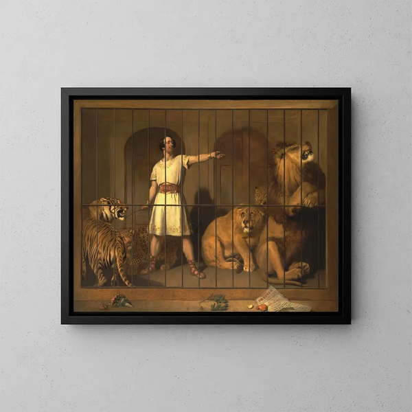 M Portraitti Maalaus Van Amburgh, kuten hän ilmestyi eläintensä kanssa Lontoon teattereissa - Sir Edwin Henry Landseer — kehystetty taideteos seinällä