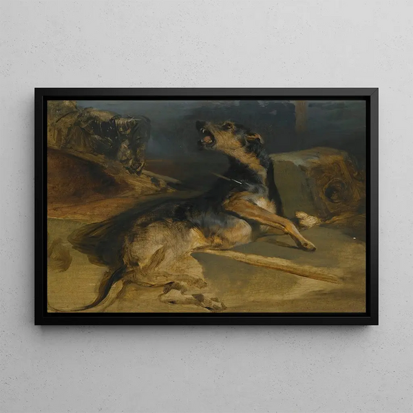 Walter Scottin Sir Edwin Henry Landseer -taiteilijan "Étude d'un Chien Blessé" -maalaus — kehystetty taideteos seinällä