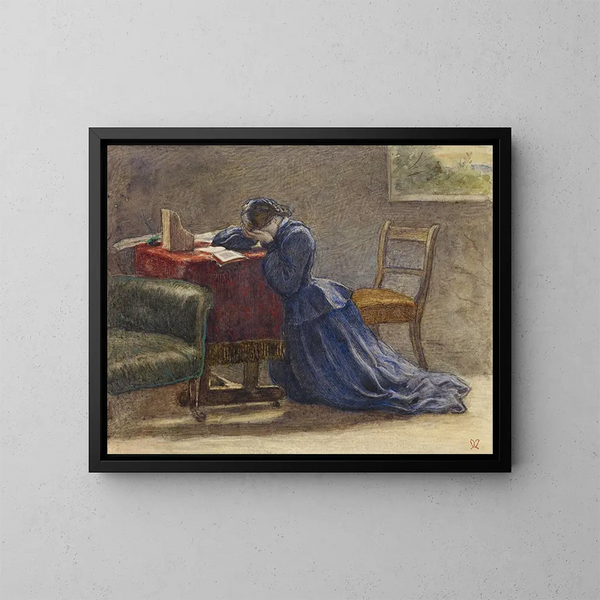 Nainen, joka pitää kasvojaan molemmilla käsillään, polvillaan matolla - Sir John Everett Millais — kehystetty taideteos seinällä