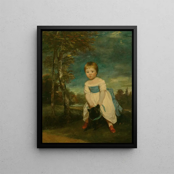 Muotokuvasta Mestari William Cavendish seisooen satulassa mustan koiran päällä maisemassa - Sir Joshua Reynolds — kehystetty taideteos seinällä