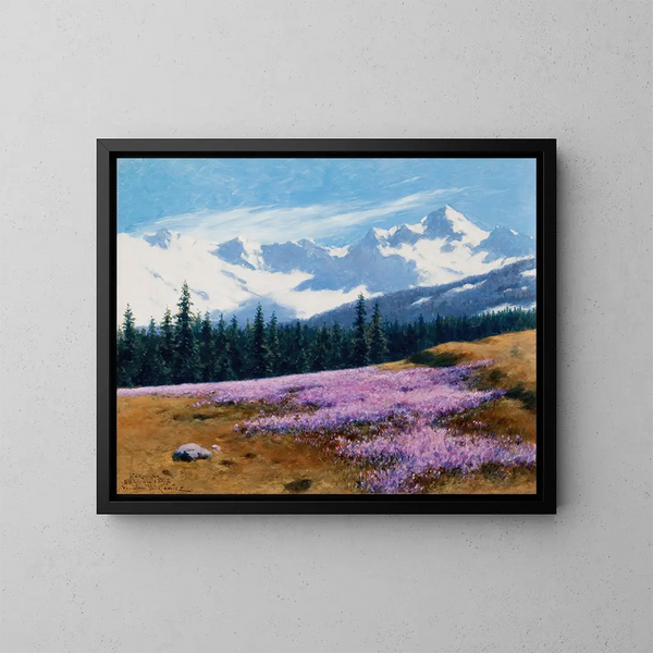Crocus avec des montagnes enneigées en arrière-plan - Stanisław Witkiewicz — kehystetty taideteos seinällä