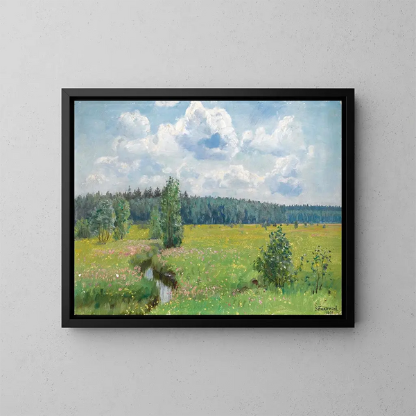 Prairies de la forêt de Wisocka en juin brûlant - Stanisław Żukowski — kehystetty taideteos seinällä