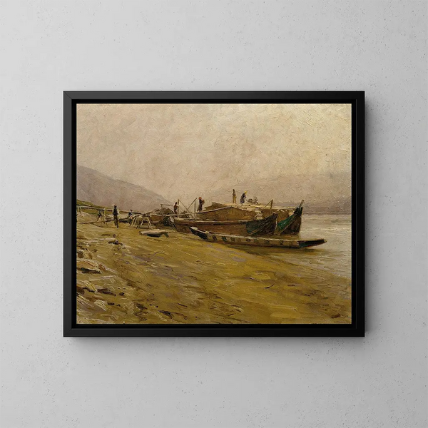 Bateaux de remorquage sur le Danube près de Spitz - Stefan Simony — kehystetty taideteos seinällä