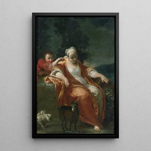 Paimenneito lepäämässä, nuori poika kutittaa hänen korvaansa - Giuseppe Maria Crespin ateljee — kehystetty taideteos seinällä